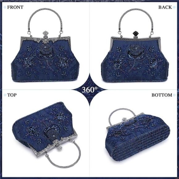 Women's Embroidered Beaded Sequin Evening Clutch Large Wedding Party Purse - Picture 5 of 7